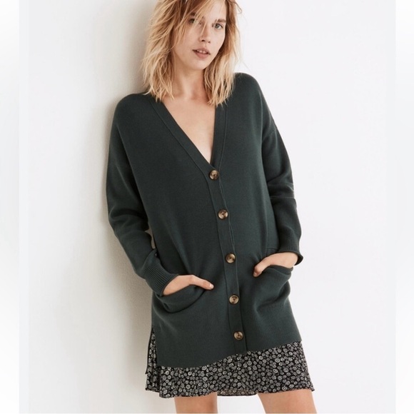 Madewell Sweater Miller Cardigan Long Button Front Pockets Green XXS NWT New - Picture 1 of 12
